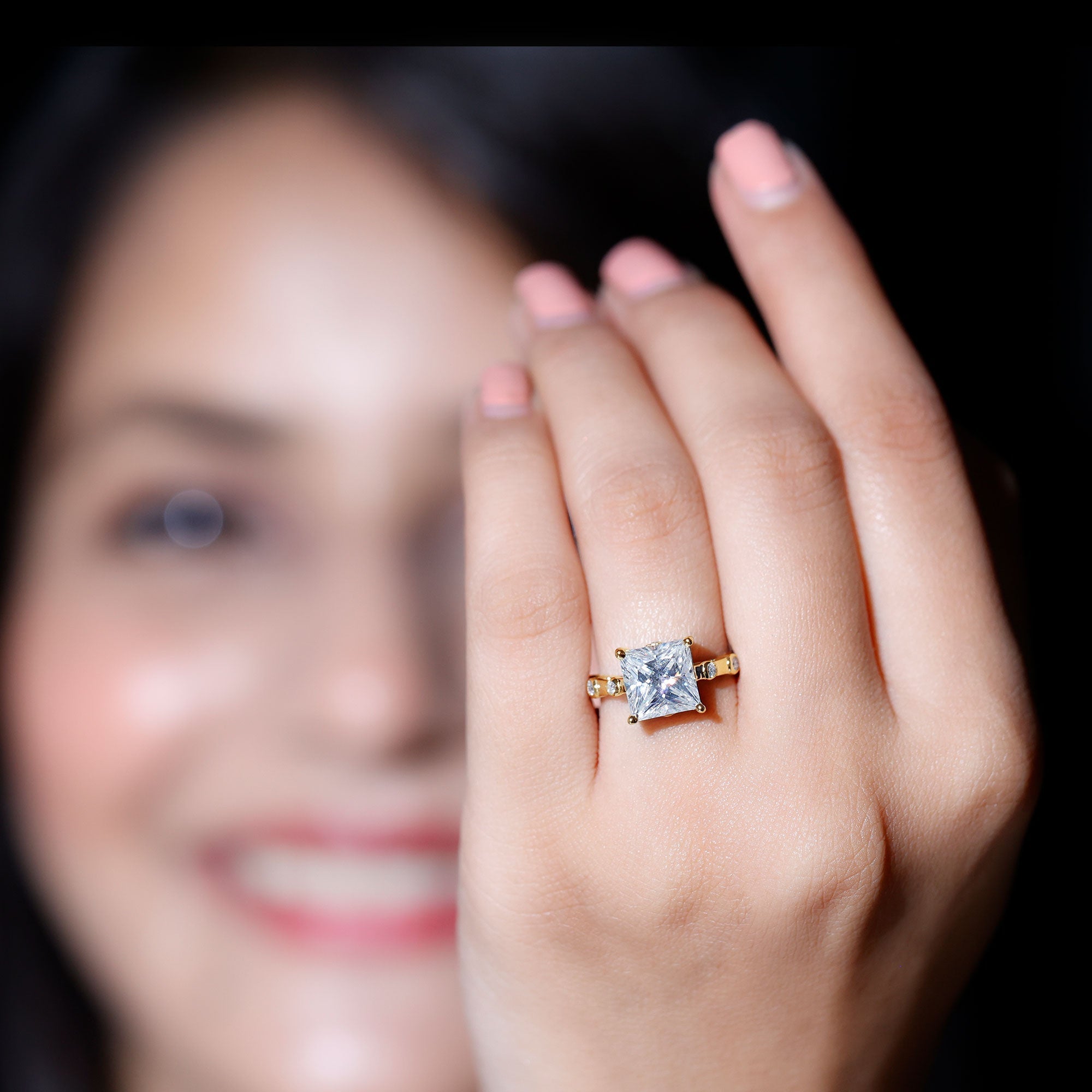 Princess Cut Moissanite Ring – Solitaire Engagement Ring With Spaced Accent Diamonds