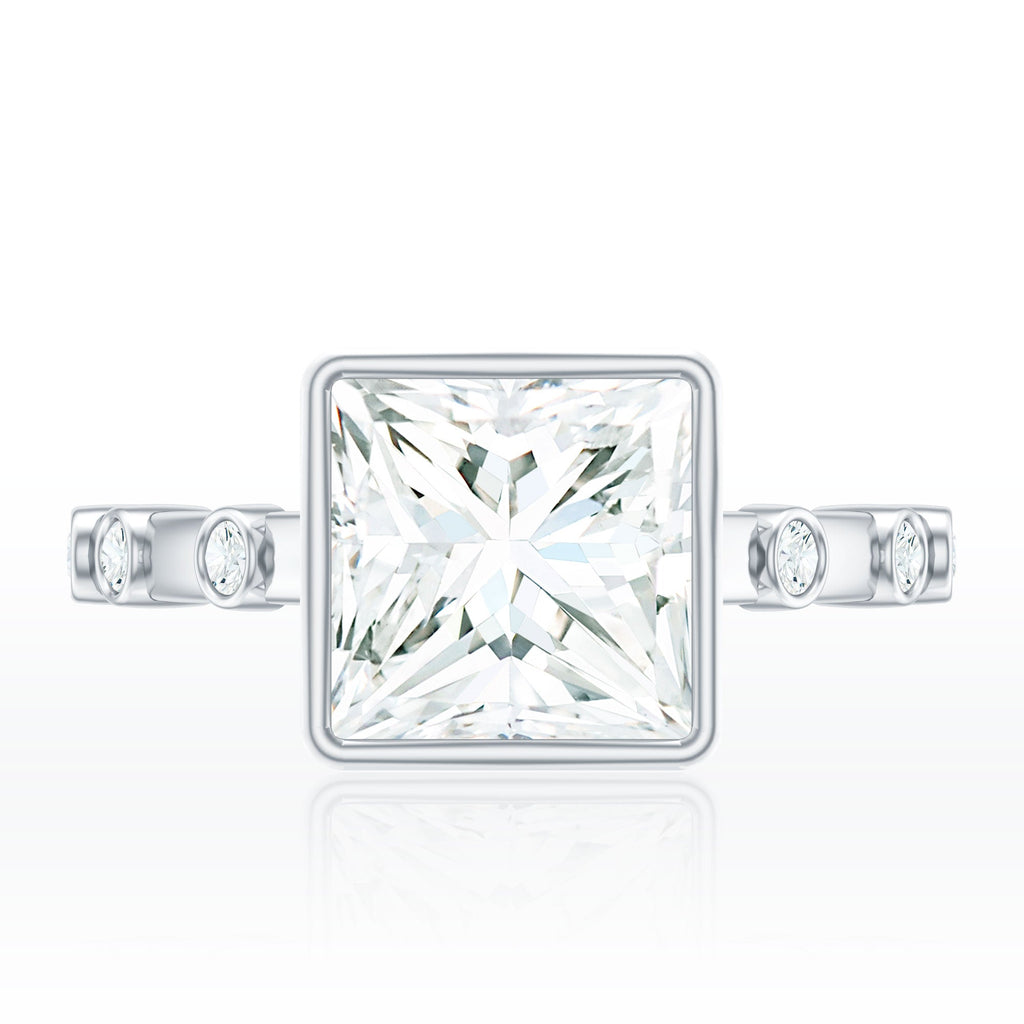 Bezel Set Moissanite Princess Cut Engagement Ring with Spaced Accent