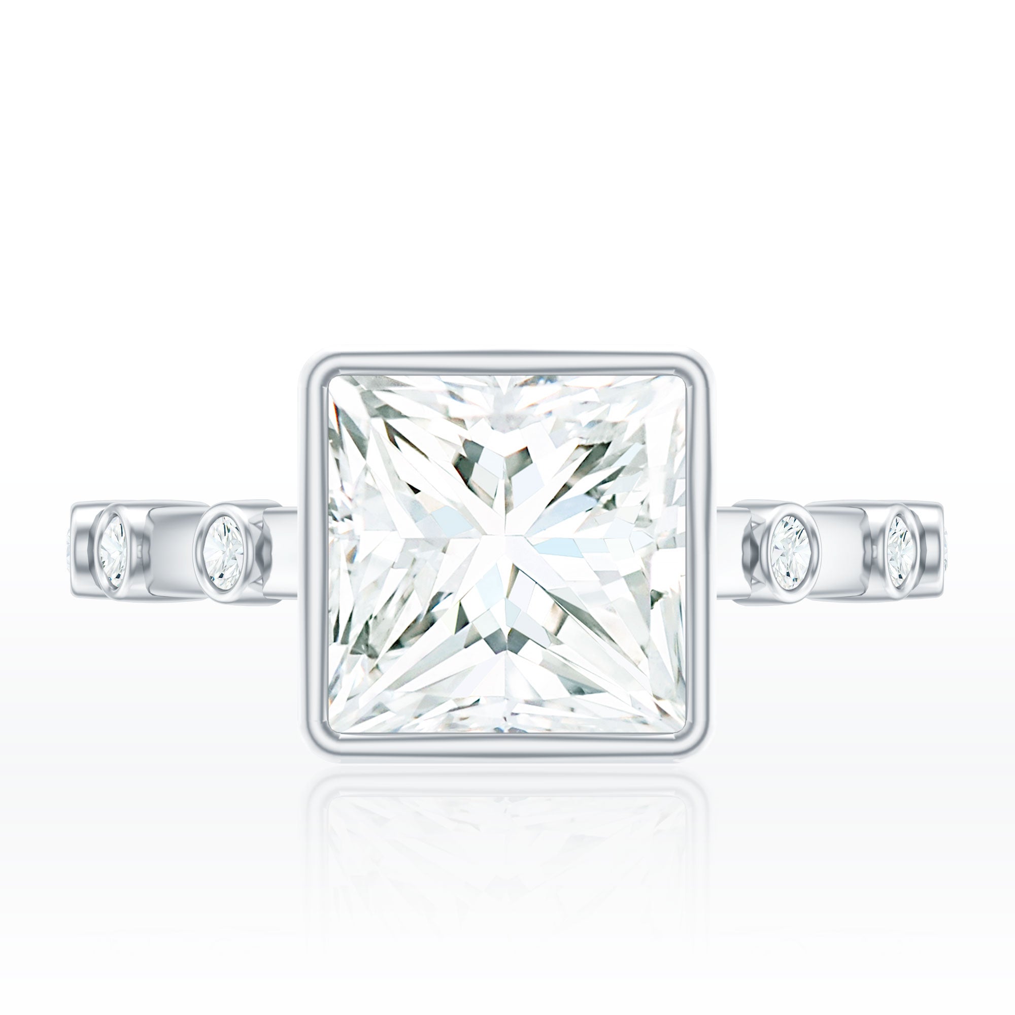 Bezel Set Moissanite Princess Cut Engagement Ring with Spaced Accent