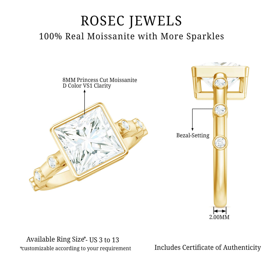 Bezel Set Moissanite Princess Cut Engagement Ring with Spaced Accent