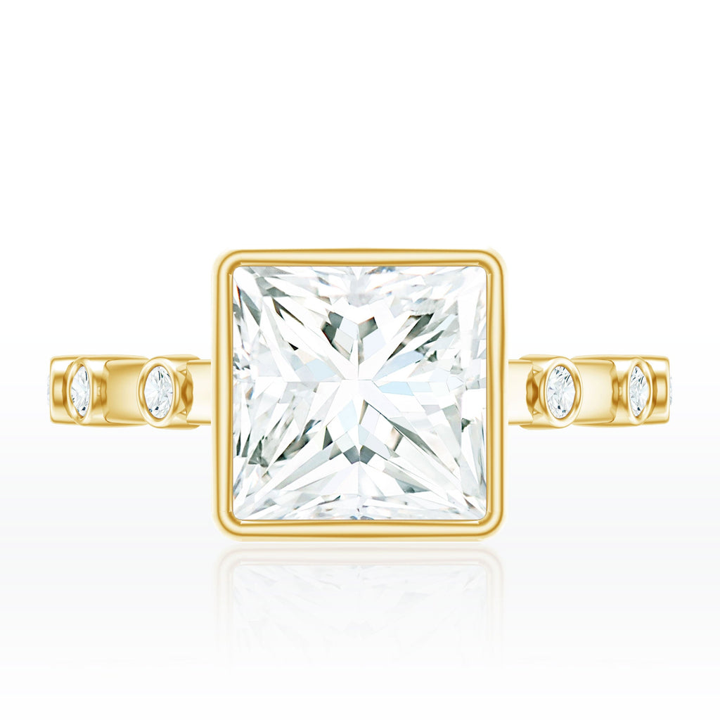 Bezel Set Moissanite Princess Cut Engagement Ring with Spaced Accent