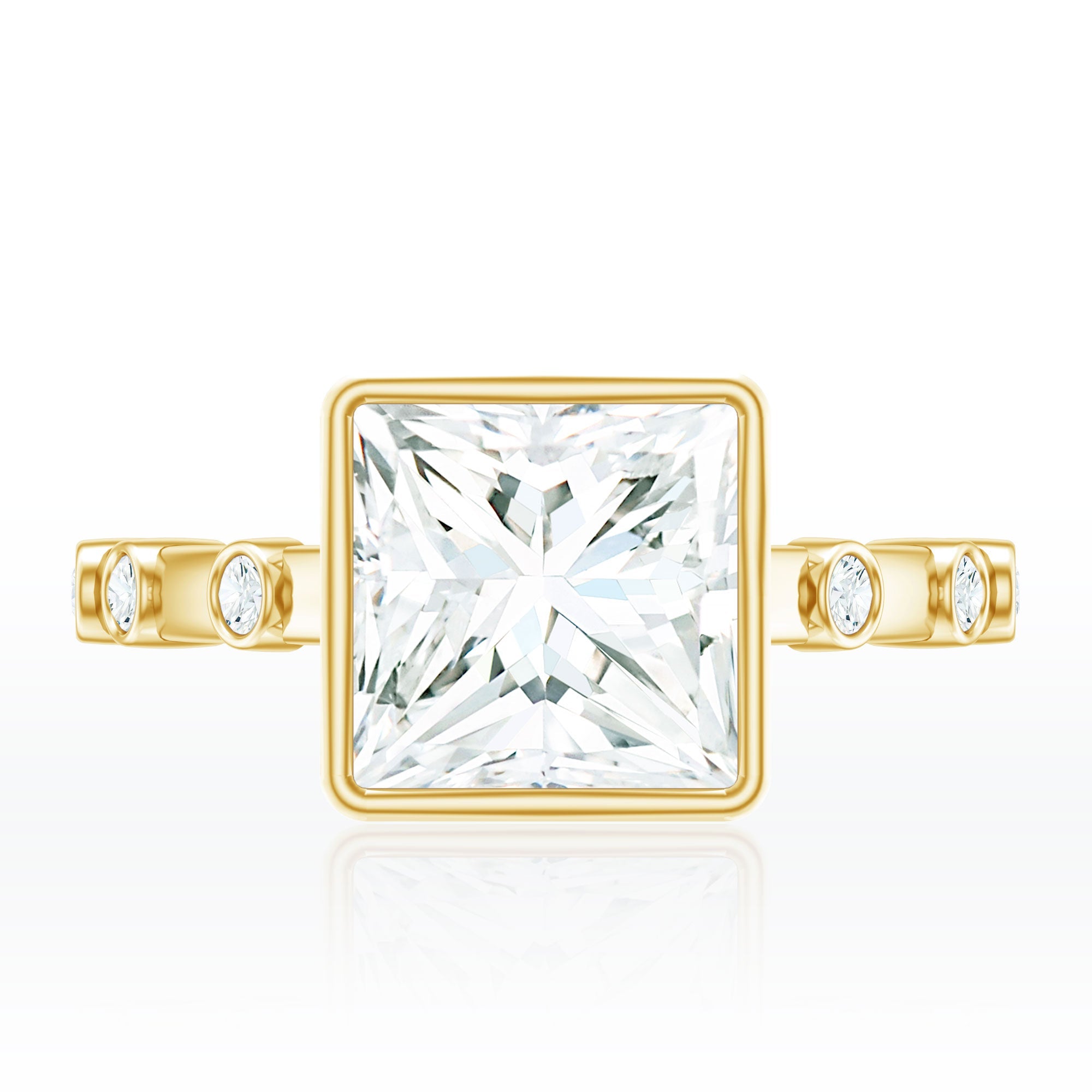 Bezel Set Moissanite Princess Cut Engagement Ring with Spaced Accent