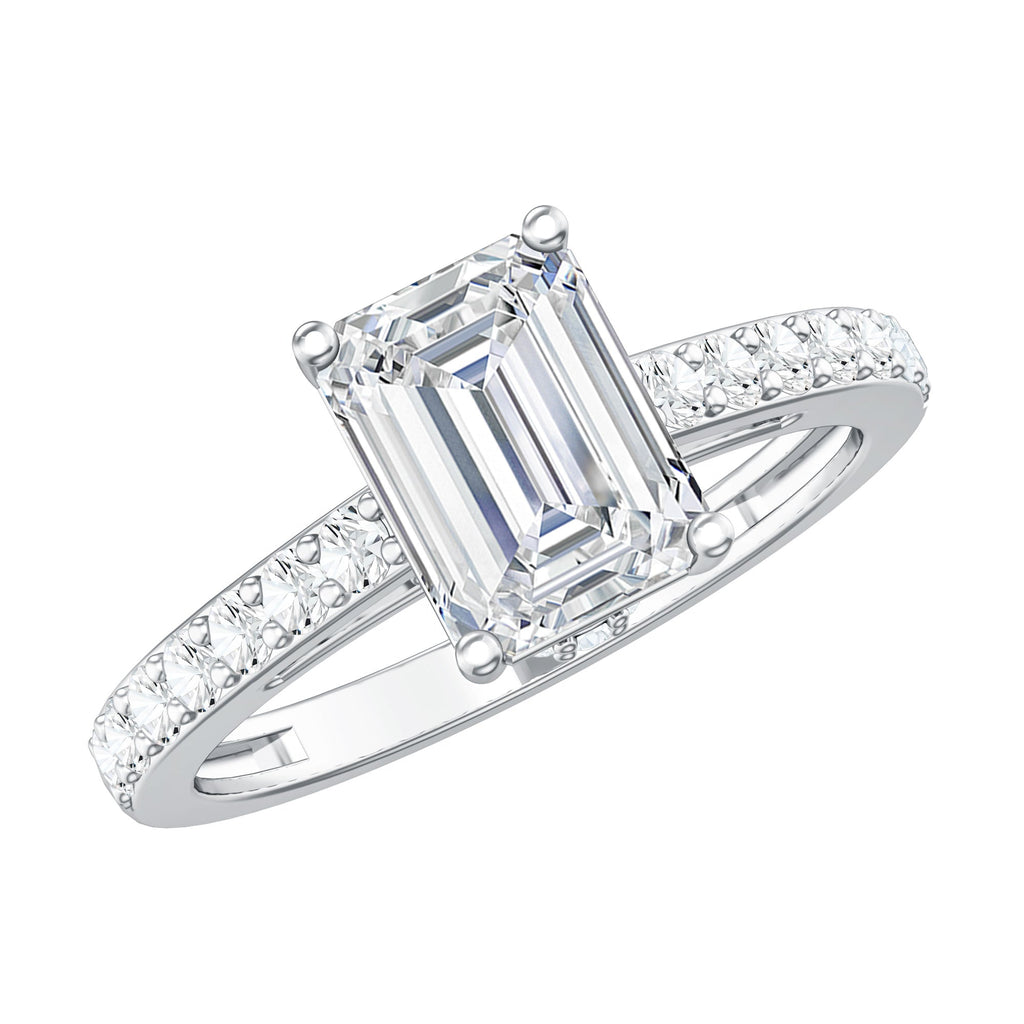 Certified Moissanite Emerald Cut Engagement Ring with Hidden Halo