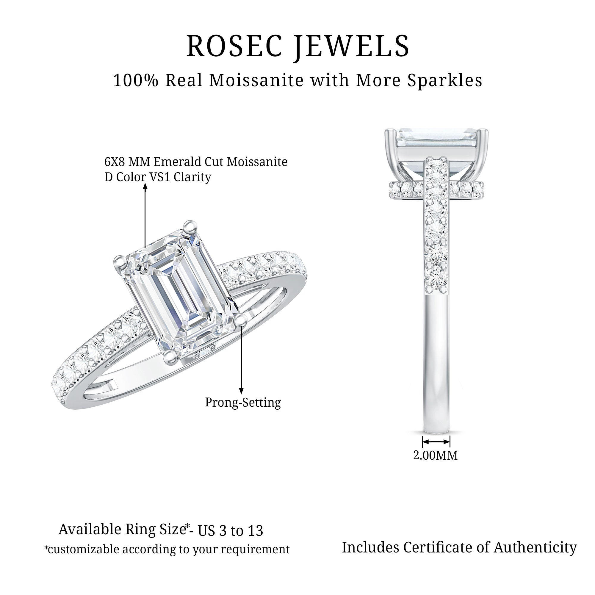 Certified Moissanite Emerald Cut Engagement Ring with Hidden Halo