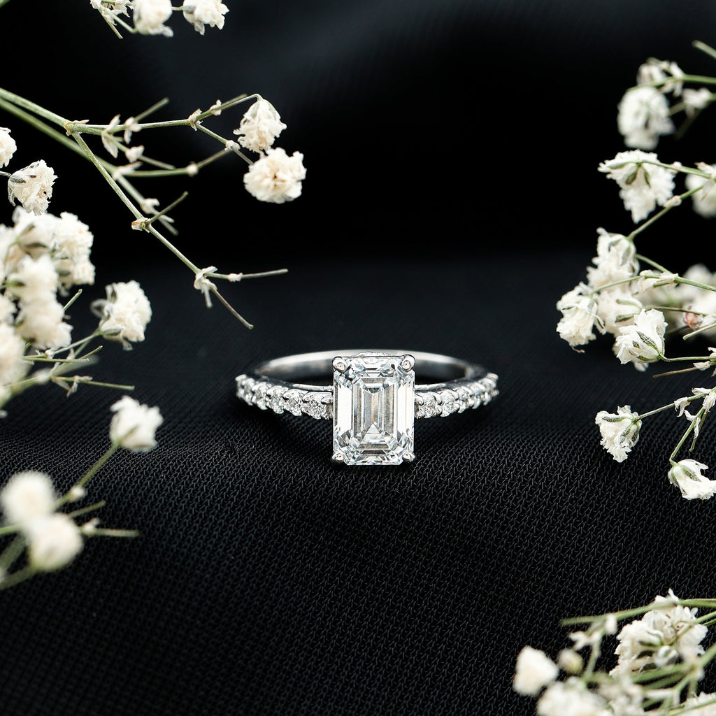 Certified Moissanite Emerald Cut Engagement Ring with Hidden Halo