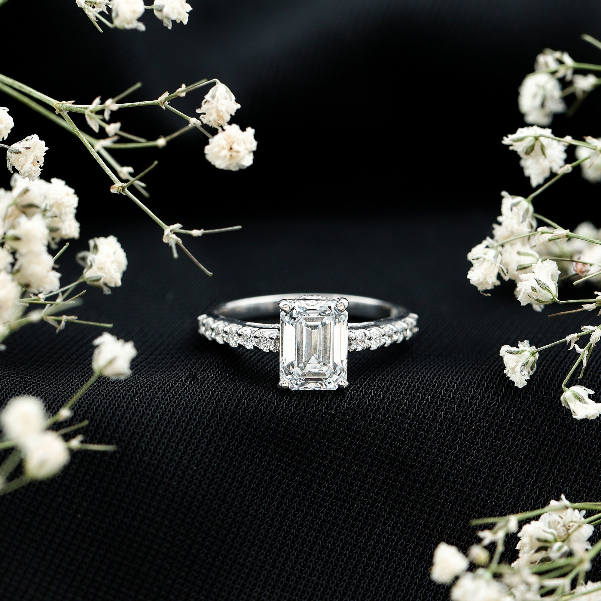 Certified Moissanite Emerald Cut Engagement Ring with Hidden Halo