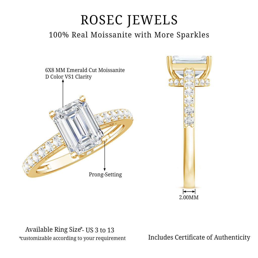Certified Moissanite Emerald Cut Engagement Ring with Hidden Halo