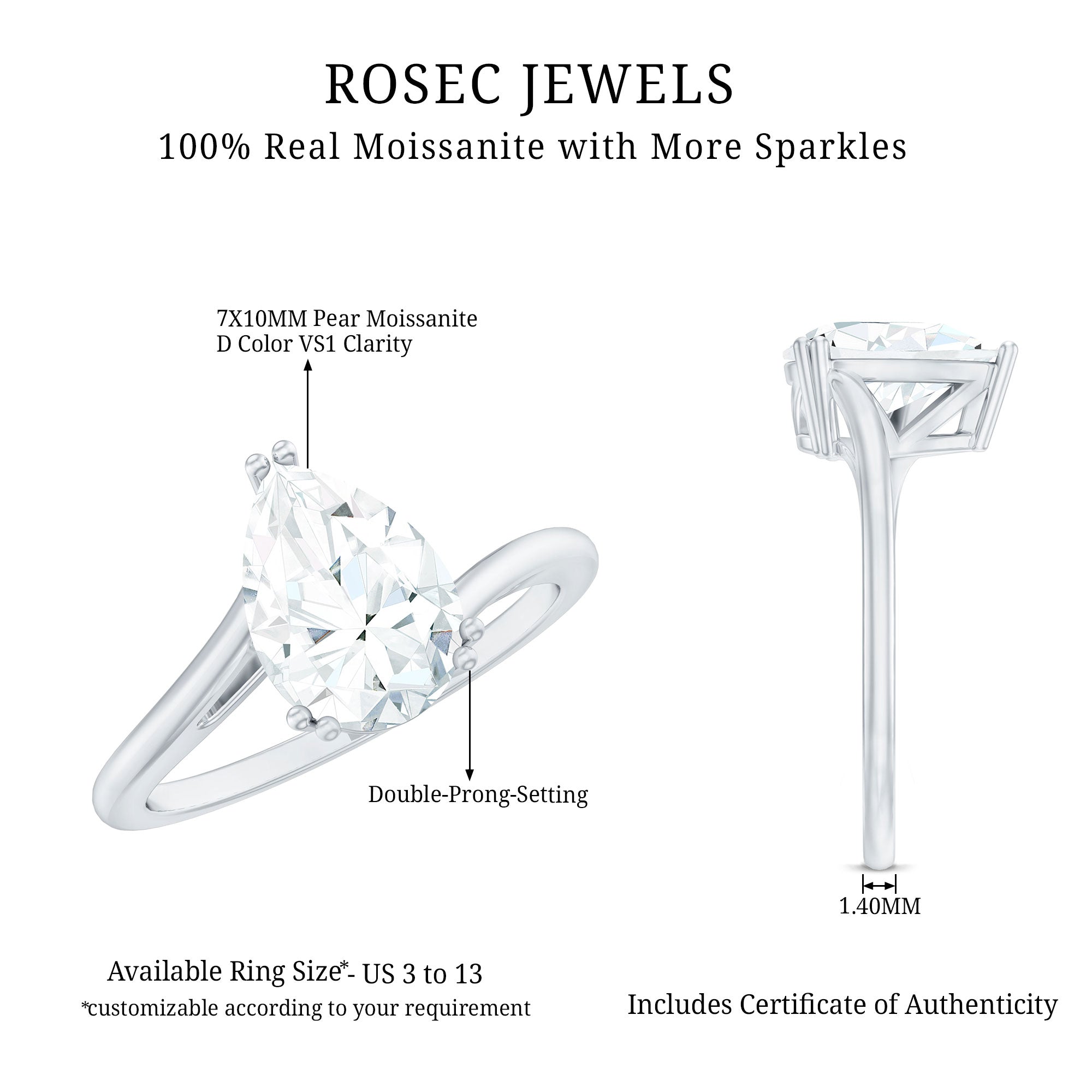 Pear Moissanite Ring – 2 Carat Solitaire Engagement With Bypass Design Elegance