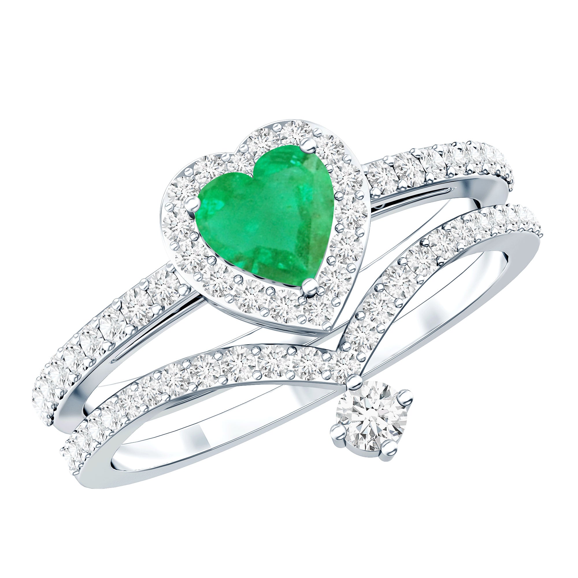 Emerald Diamond Wedding Ring - Heart Shaped Emerald Two Piece Bridal Set with Diamond Halo