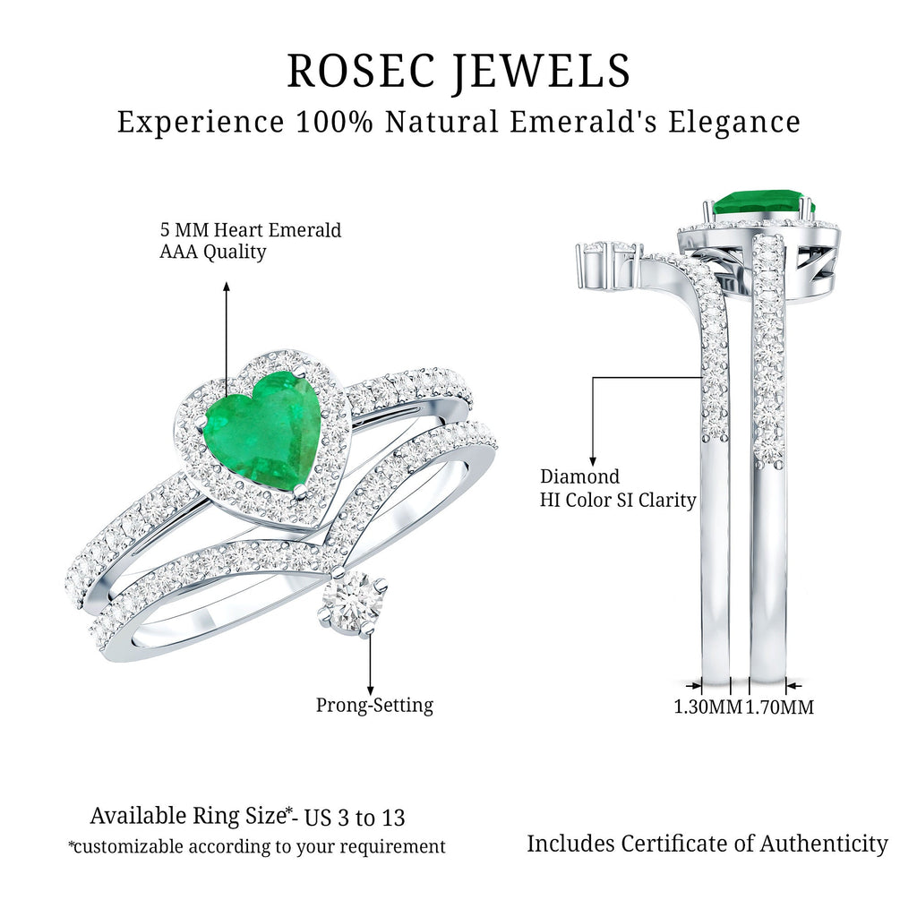 Emerald Diamond Wedding Ring - Heart Shaped Emerald Two Piece Bridal Set with Diamond Halo
