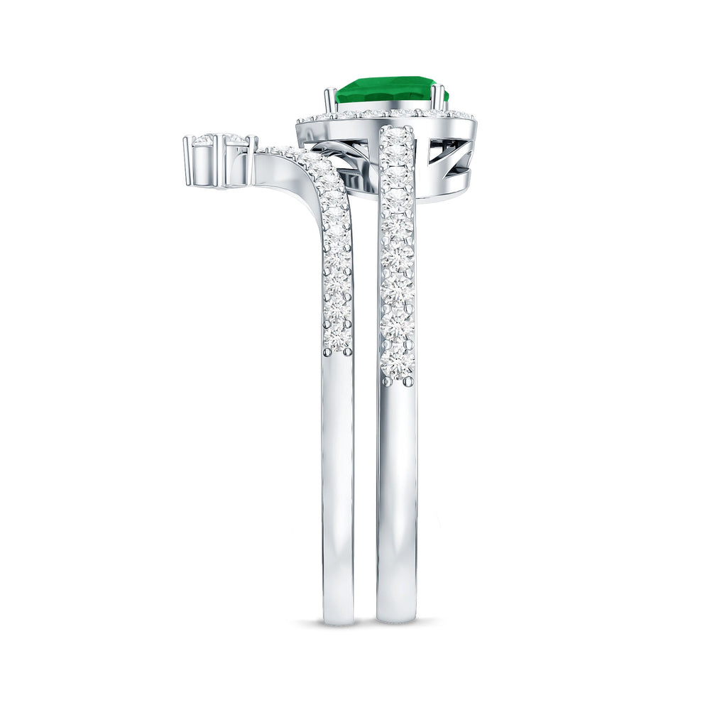 Emerald Diamond Wedding Ring - Heart Shaped Emerald Two Piece Bridal Set with Diamond Halo