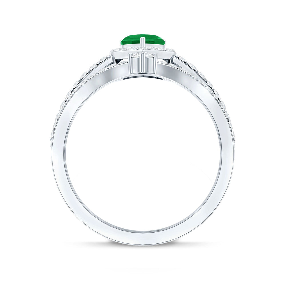 Emerald Diamond Wedding Ring - Heart Shaped Emerald Two Piece Bridal Set with Diamond Halo