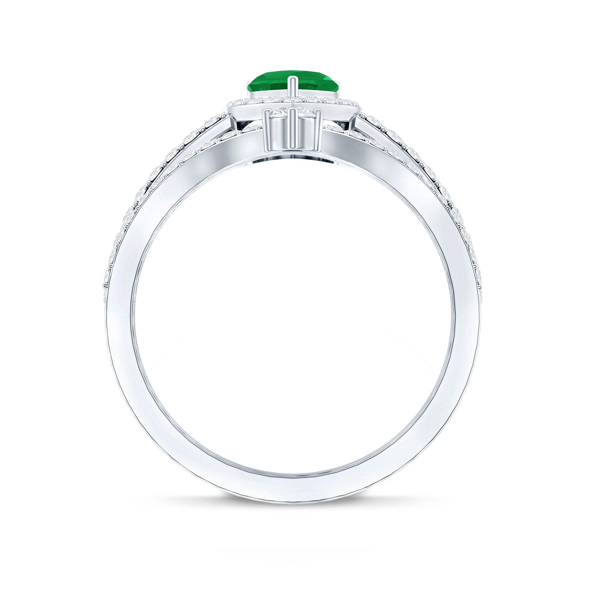 Emerald Diamond Wedding Ring - Heart Shaped Emerald Two Piece Bridal Set with Diamond Halo