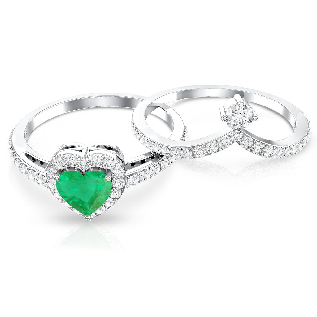 Emerald Diamond Wedding Ring - Heart Shaped Emerald Two Piece Bridal Set with Diamond Halo