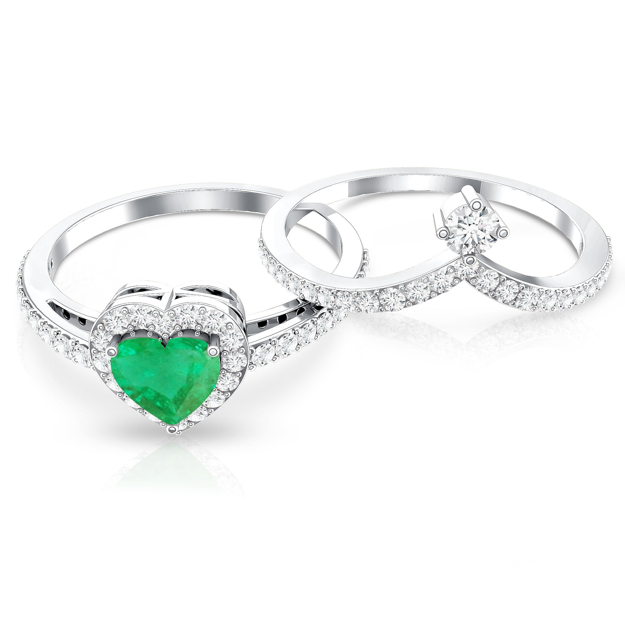 Emerald Diamond Wedding Ring - Heart Shaped Emerald Two Piece Bridal Set with Diamond Halo