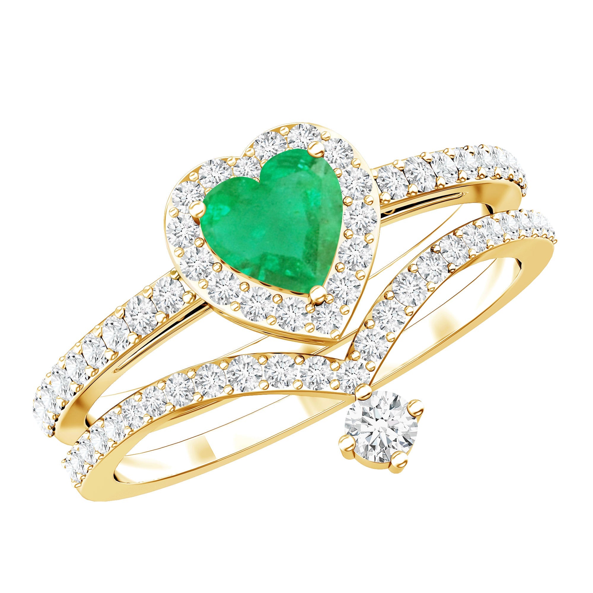 Emerald Diamond Wedding Ring - Heart Shaped Emerald Two Piece Bridal Set with Diamond Halo