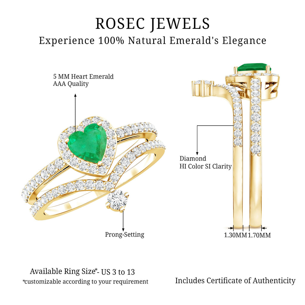Emerald Diamond Wedding Ring - Heart Shaped Emerald Two Piece Bridal Set with Diamond Halo