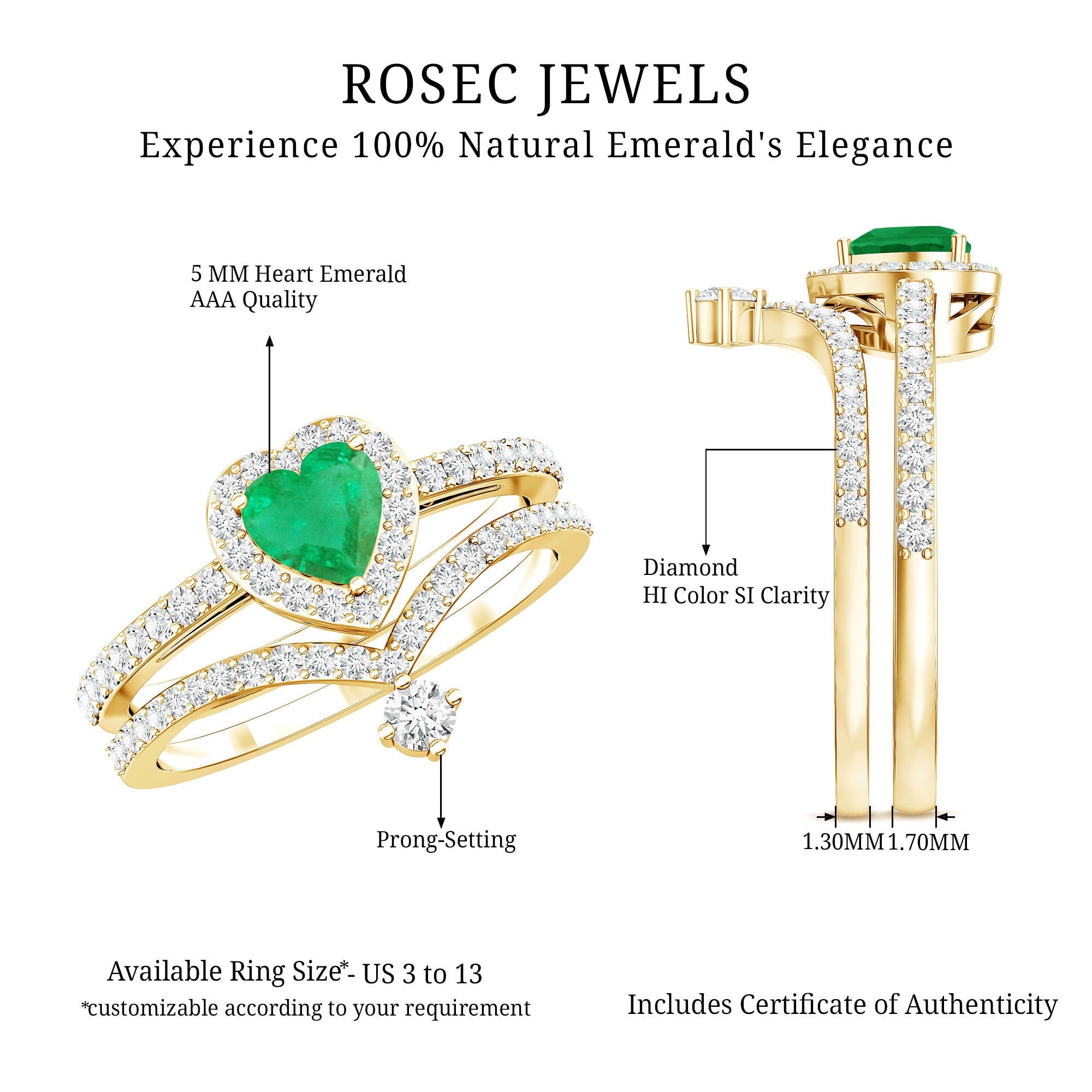Emerald Diamond Wedding Ring - Heart Shaped Emerald Two Piece Bridal Set with Diamond Halo