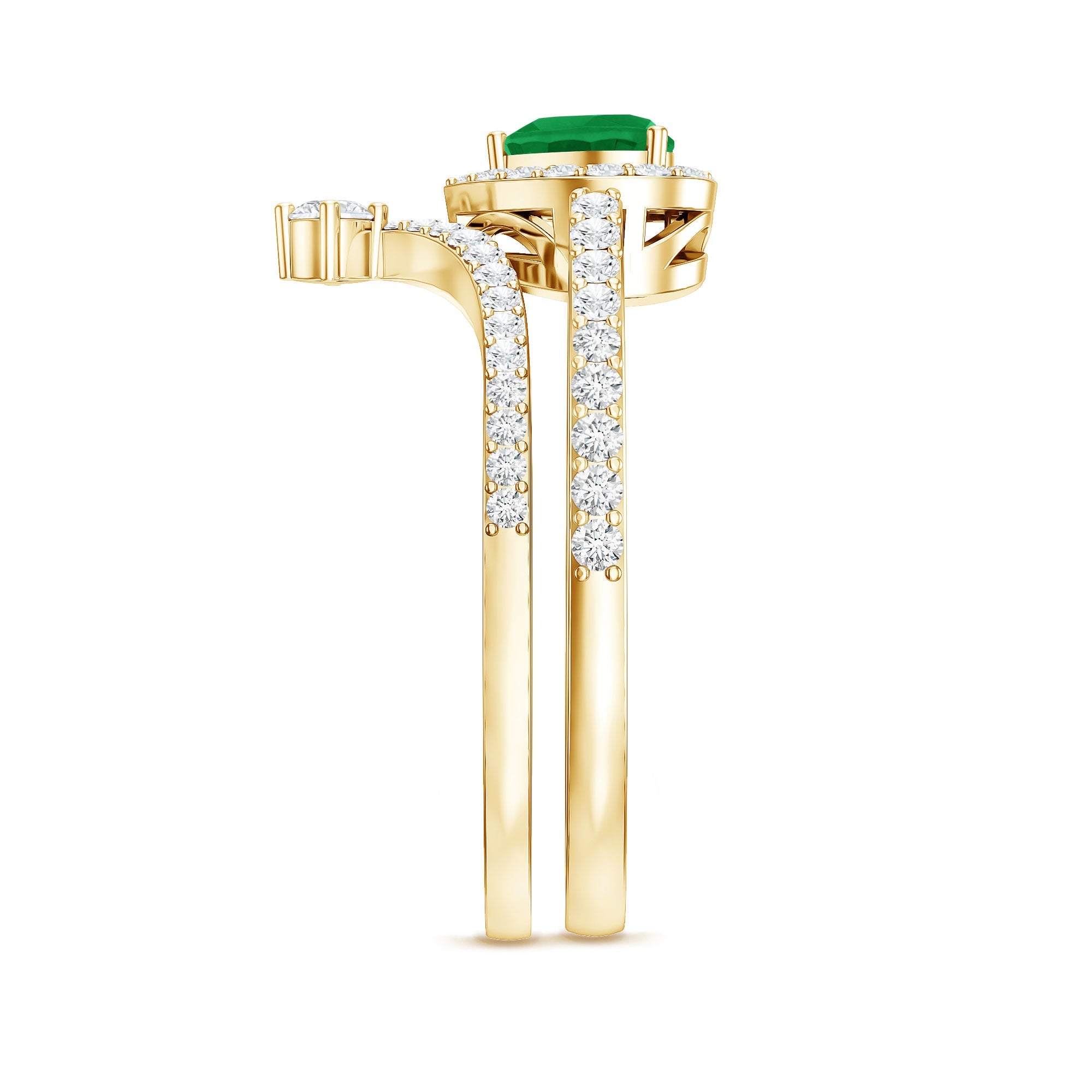 Emerald Diamond Wedding Ring - Heart Shaped Emerald Two Piece Bridal Set with Diamond Halo