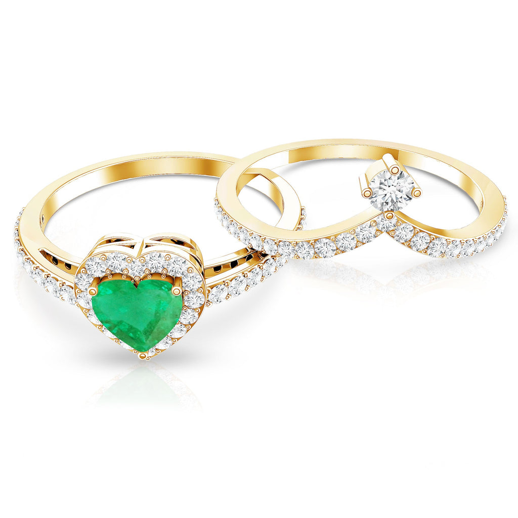 Emerald Diamond Wedding Ring - Heart Shaped Emerald Two Piece Bridal Set with Diamond Halo