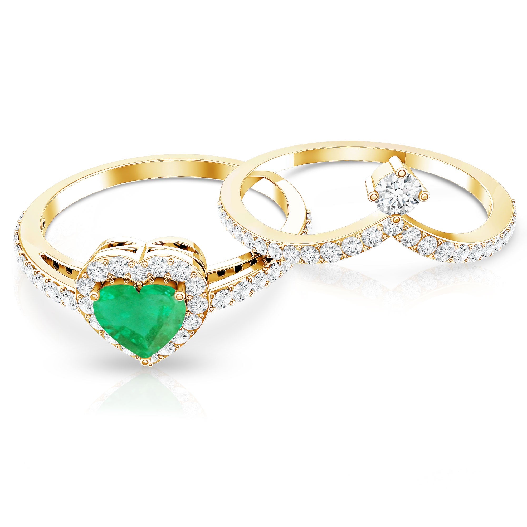 Emerald Diamond Wedding Ring - Heart Shaped Emerald Two Piece Bridal Set with Diamond Halo