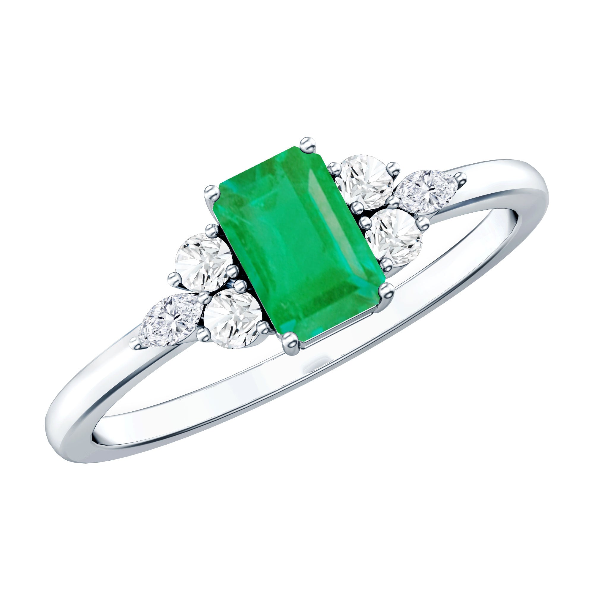 Emerald Engagement Ring | Unique Emerald Cut Ring with Diamond Trio & Balanced Gemstone Design