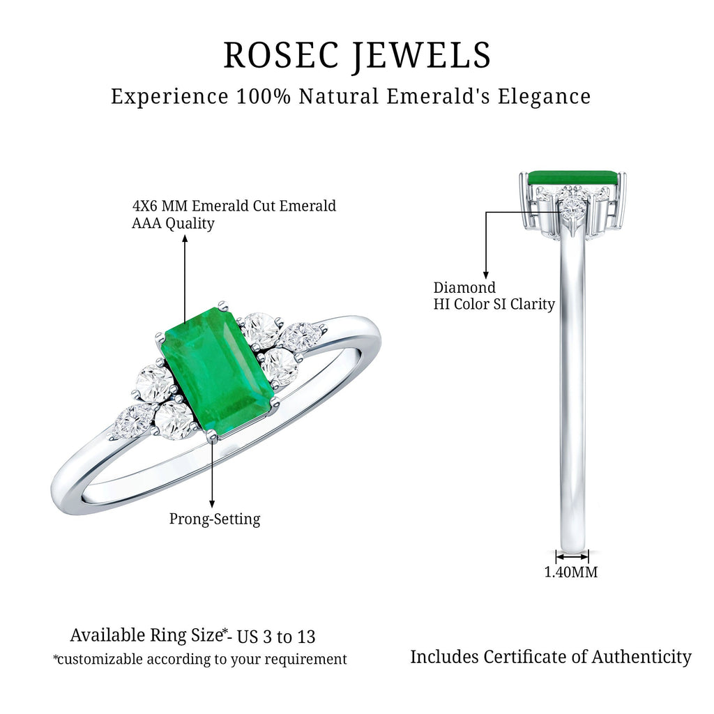 Emerald Engagement Ring | Unique Emerald Cut Ring with Diamond Trio & Balanced Gemstone Design