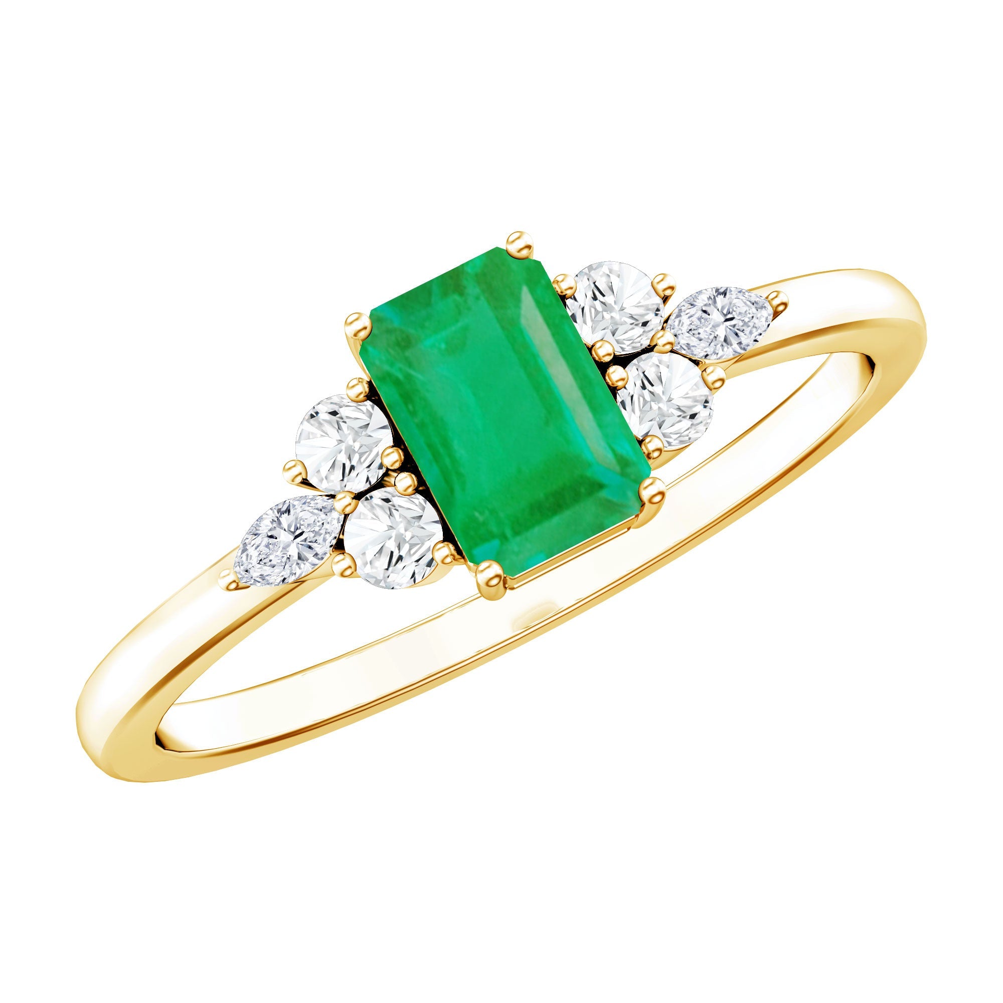 Emerald Engagement Ring | Unique Emerald Cut Ring with Diamond Trio & Balanced Gemstone Design