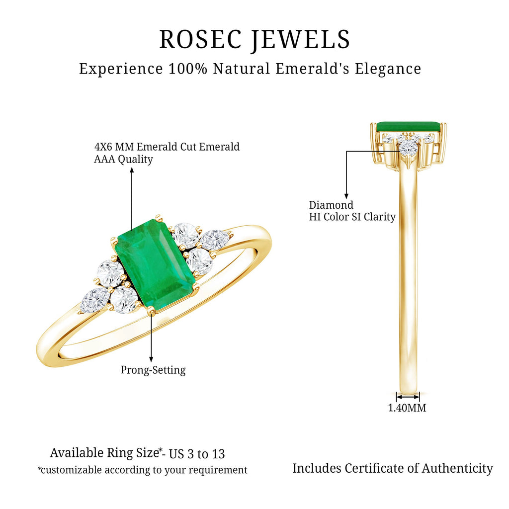 Emerald Engagement Ring | Unique Emerald Cut Ring with Diamond Trio & Balanced Gemstone Design
