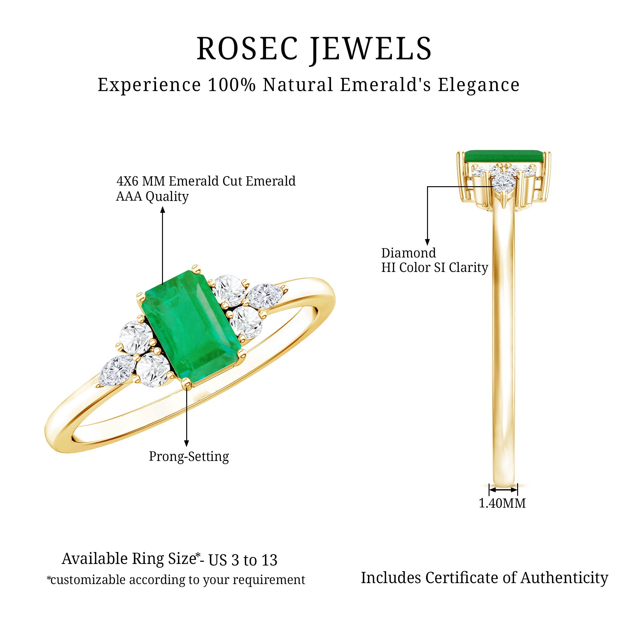 Emerald Engagement Ring | Unique Emerald Cut Ring with Diamond Trio & Balanced Gemstone Design
