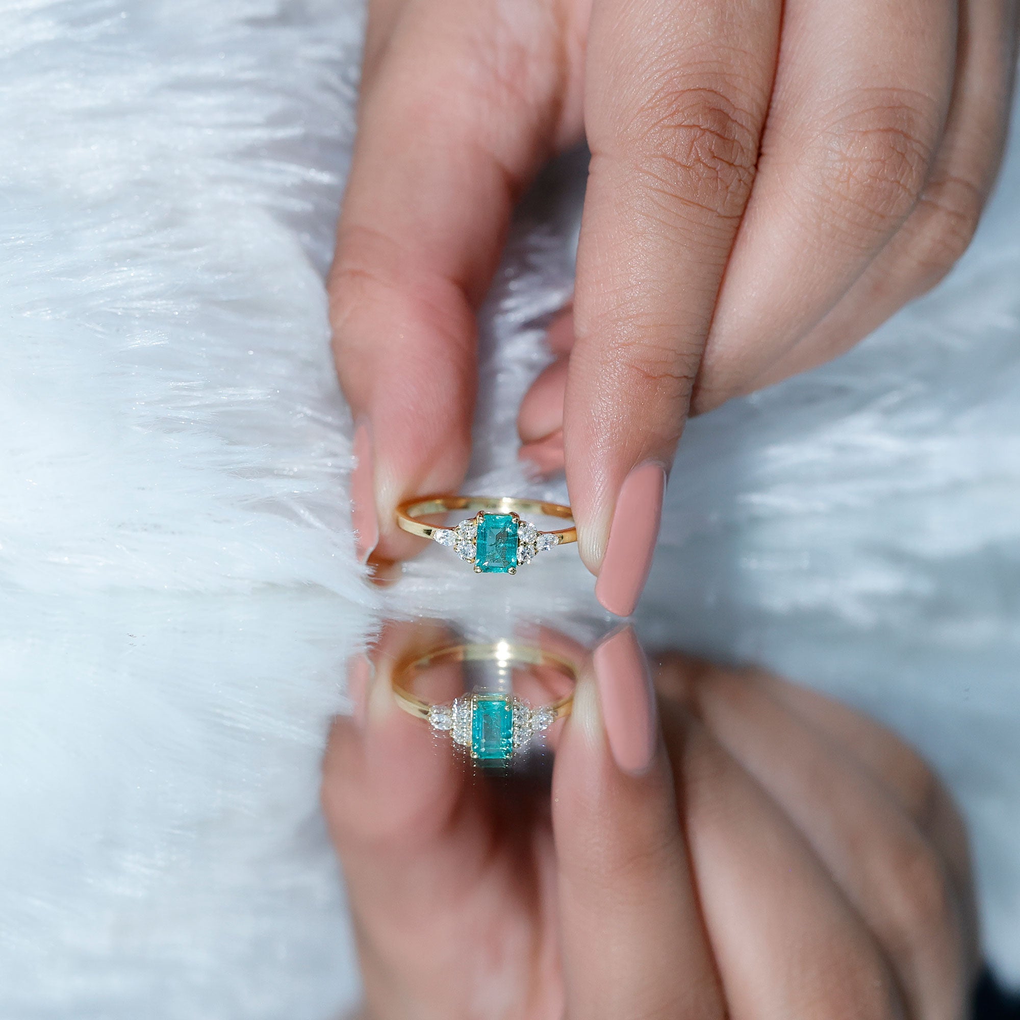 Emerald Engagement Ring | Unique Emerald Cut Ring with Diamond Trio & Balanced Gemstone Design