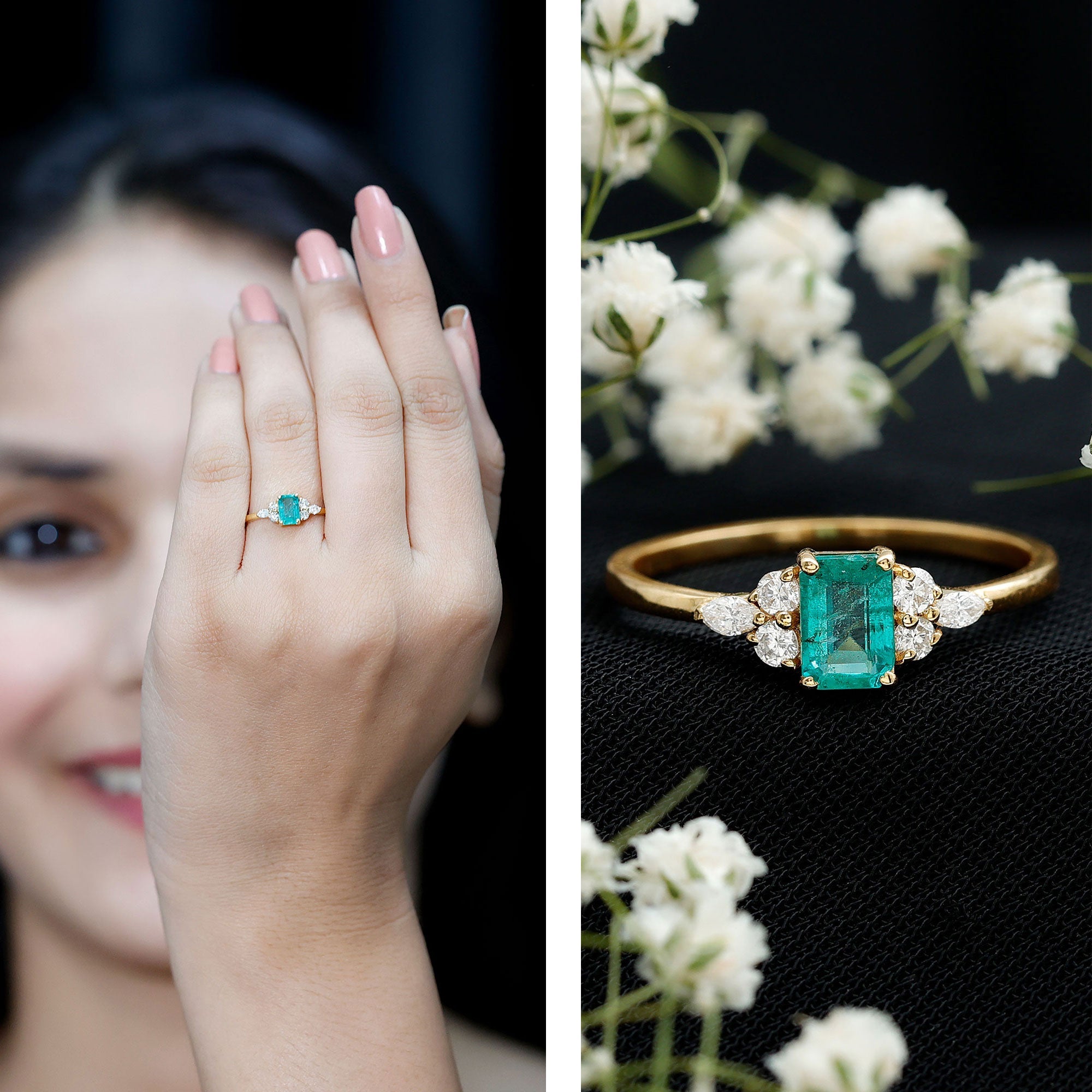 Emerald Engagement Ring | Unique Emerald Cut Ring with Diamond Trio & Balanced Gemstone Design
