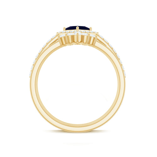 0.4 Carat Princess Cut Blue Sapphire Bridal Ring Set with Moissanite Halo