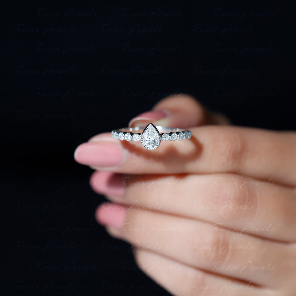 Beaded Bezel Set Moissanite Pear Engagement Ring