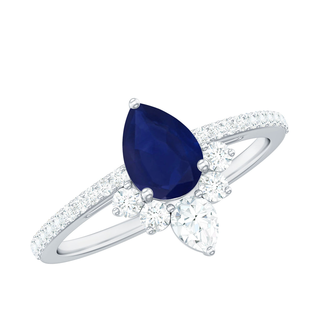 Blue Sapphire Engagement Ring - 0.5 Carat Pear Shaped Sapphire with Diamond Crown Design