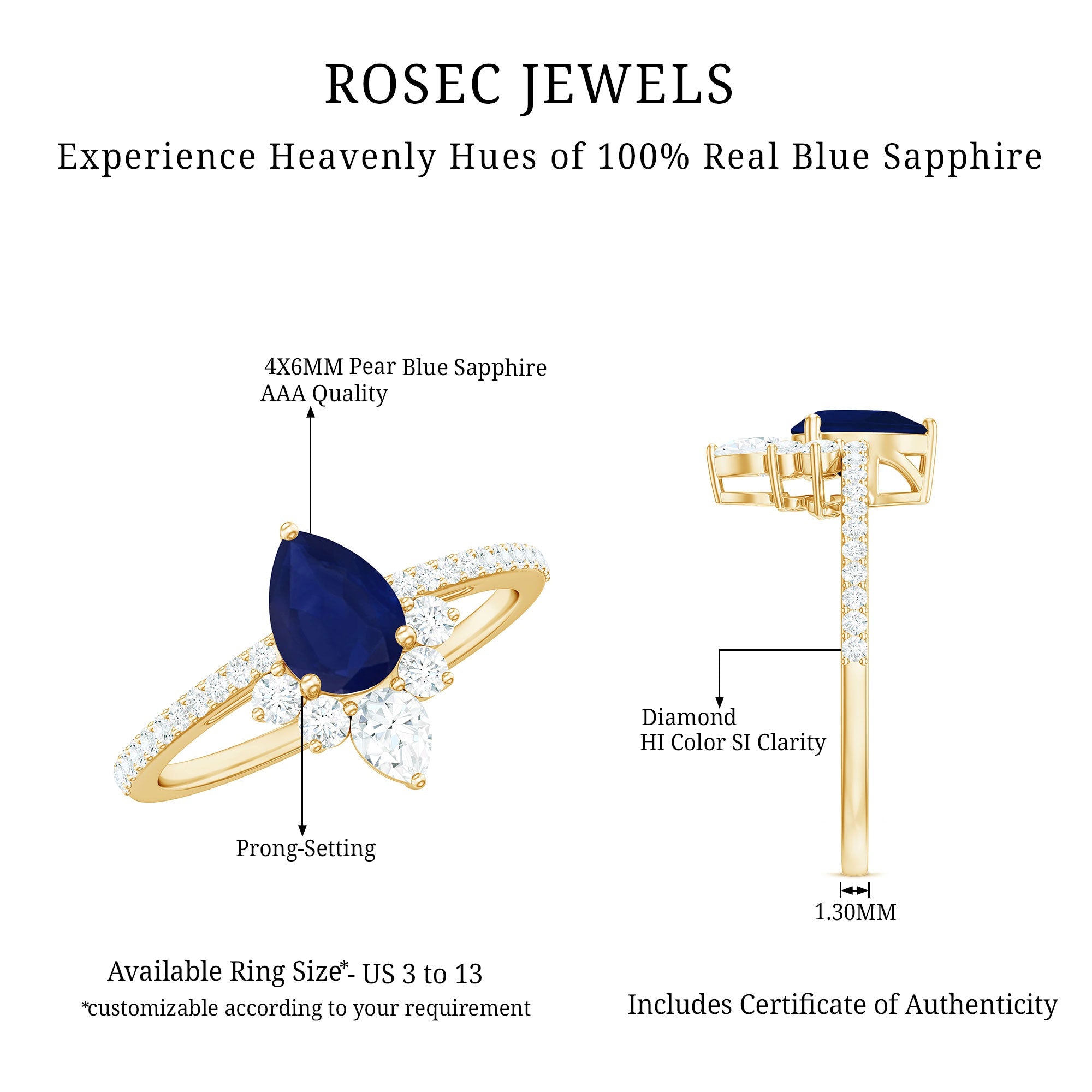 Blue Sapphire Engagement Ring - 0.5 Carat Pear Shaped Sapphire with Diamond Crown Design