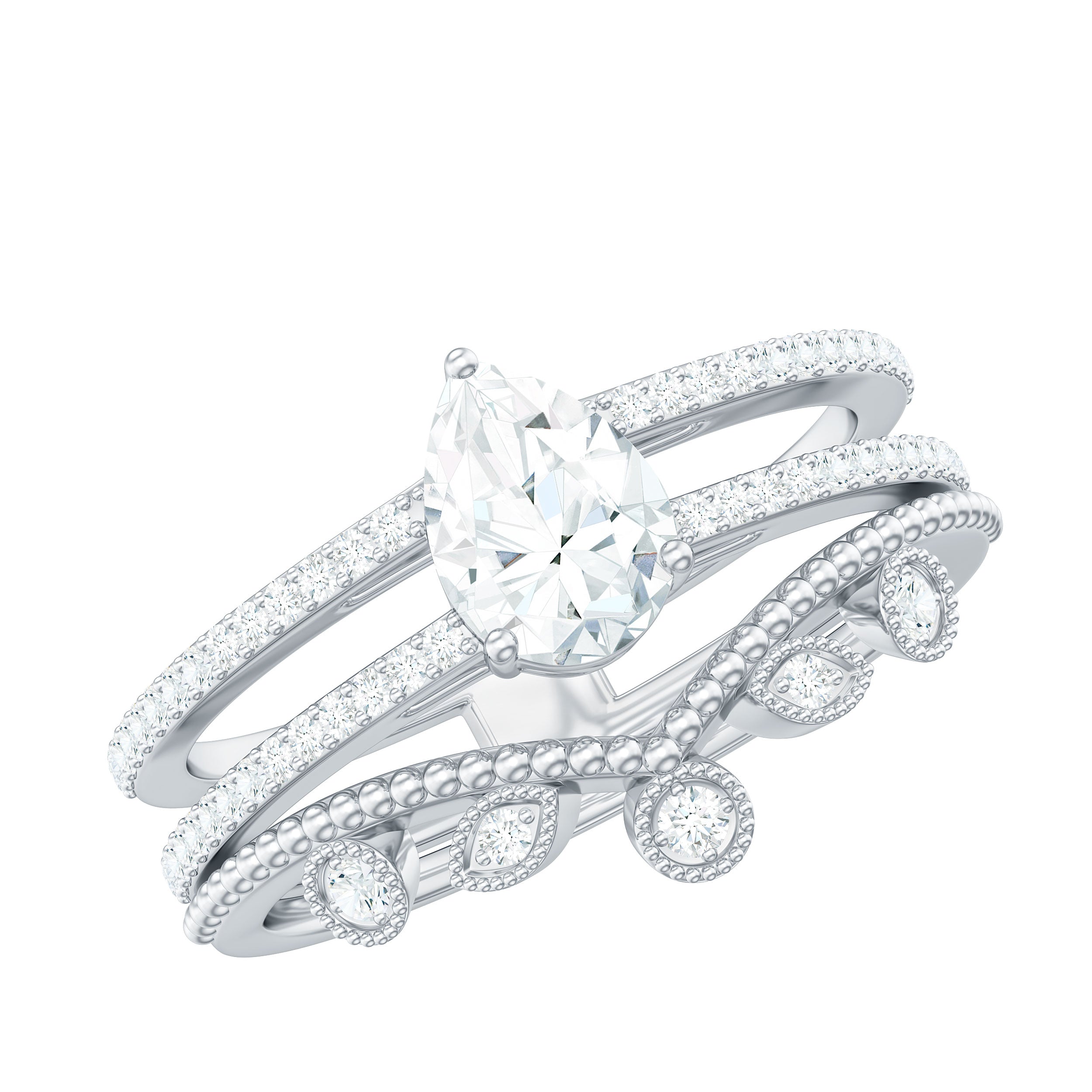 Pear Moissanite Double Band Engagement Ring with Enhancer