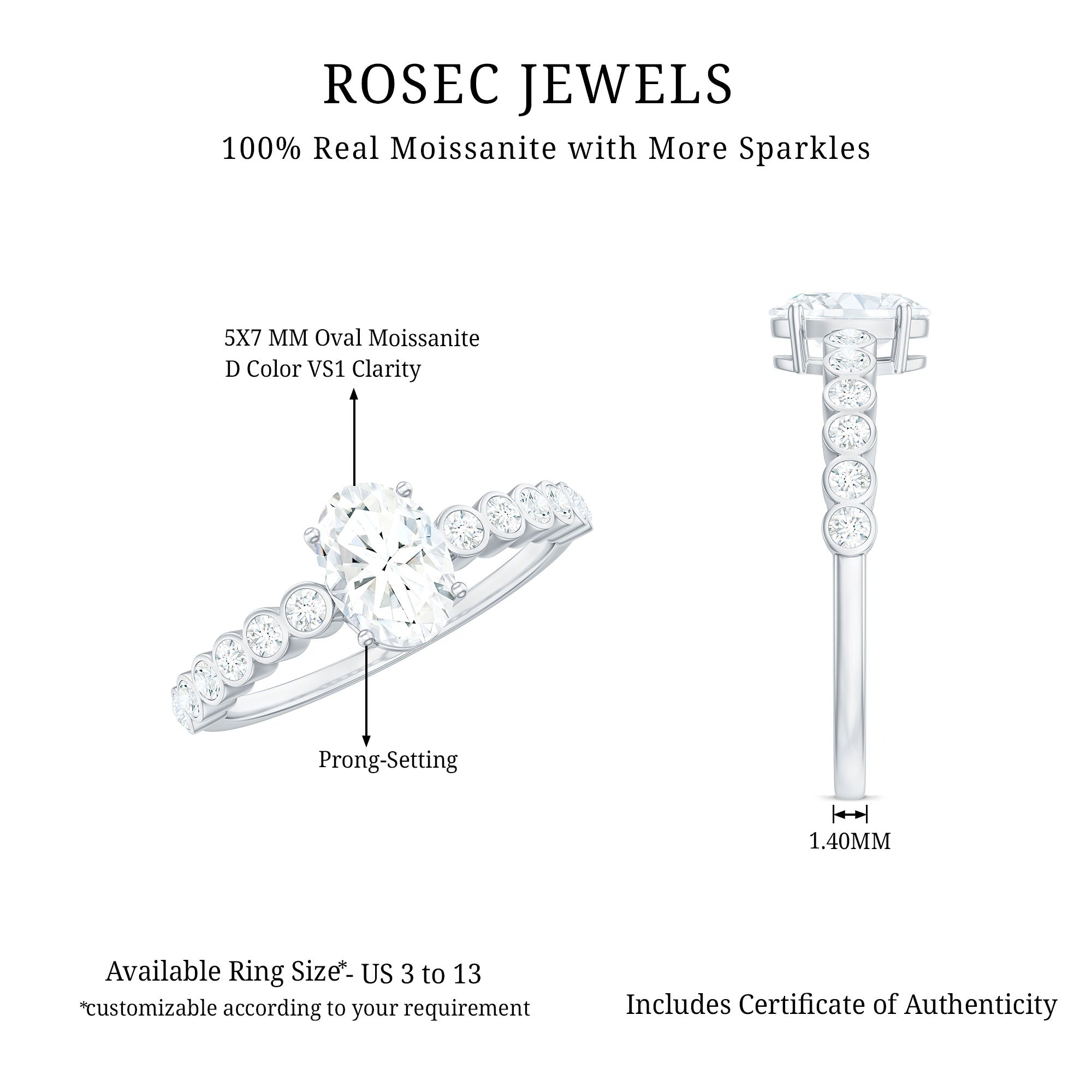 Oval Cut Moissanite Ring – Elongated Oval Engagement Band with Side Stones