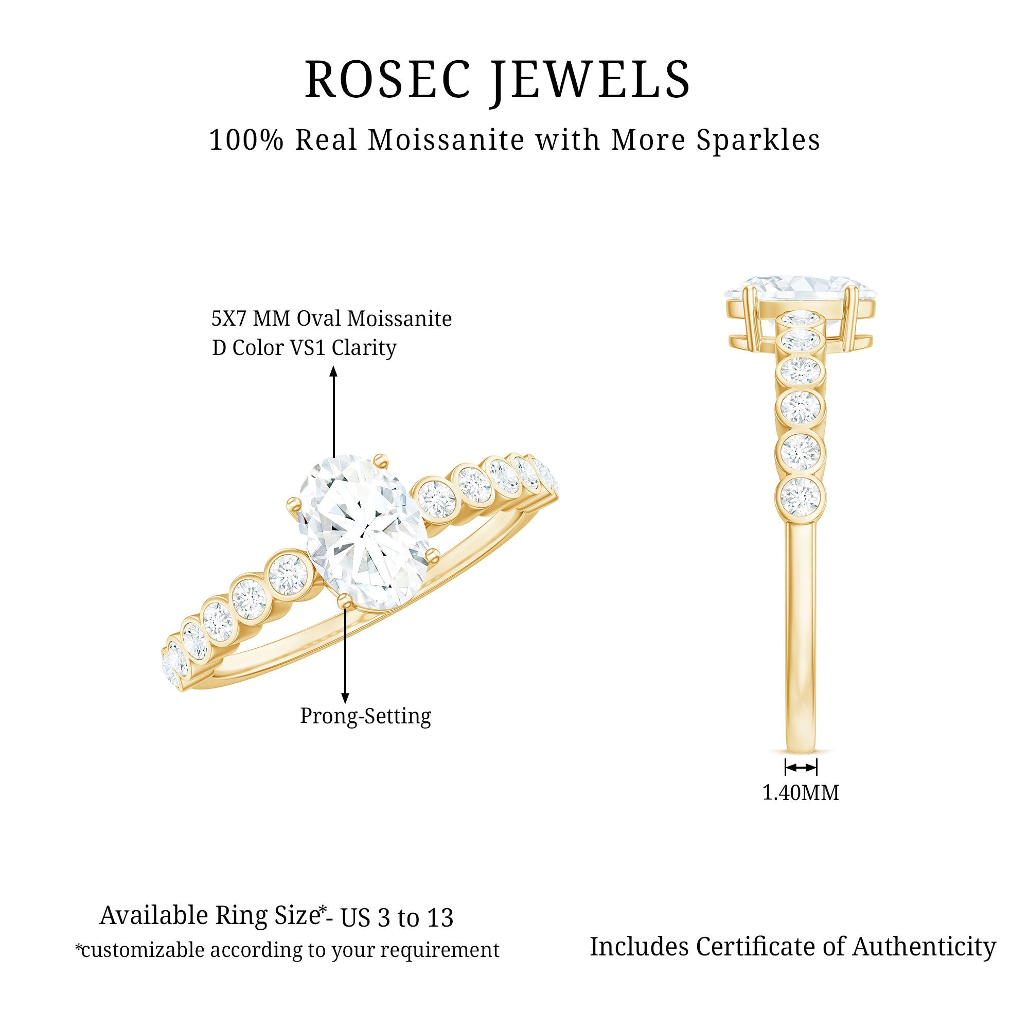 Oval Cut Moissanite Ring – Elongated Oval Engagement Band with Side Stones