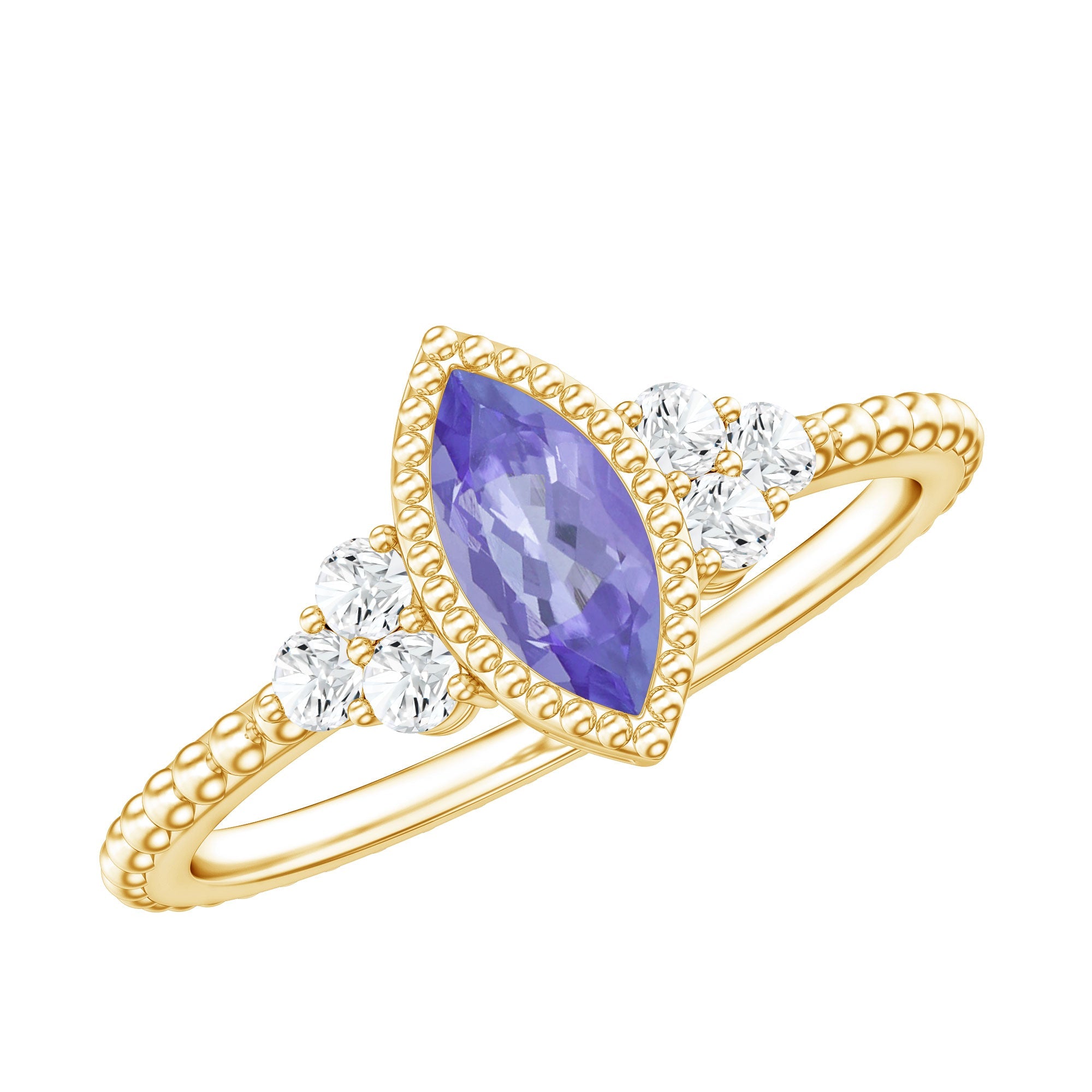 Marquise Tanzanite Ring – Vintage Promise Band With Diamond Trio Detail