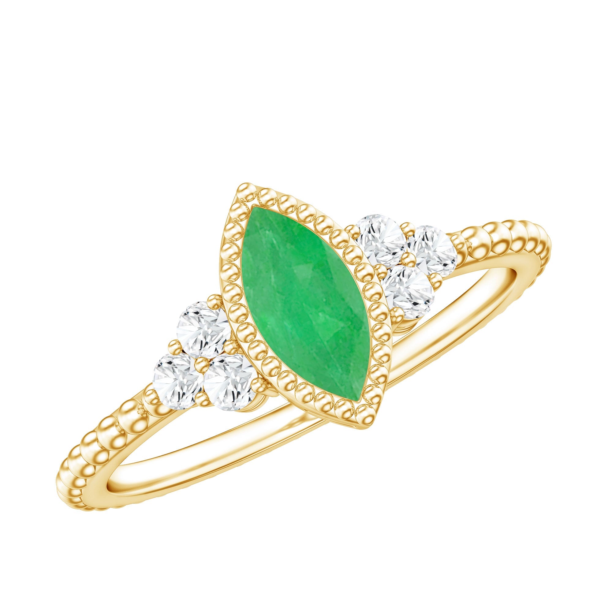 Emerald Promise Ring – Vintage Engagement Band With Marquise Emerald & Trio Diamonds
