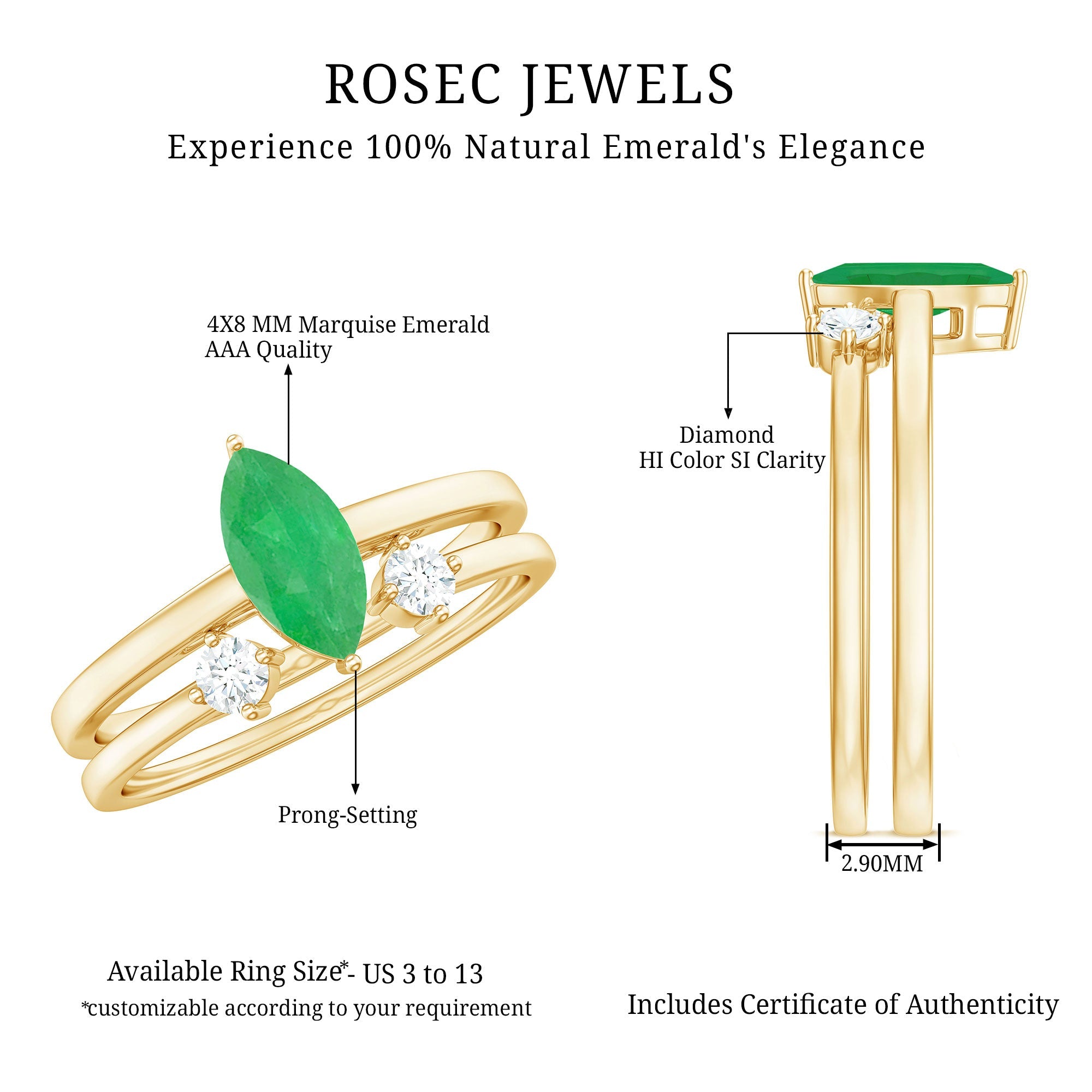 Emerald Promise Ring Marquise Emerald Ring Set With Diamond Cuff - AAA Quality