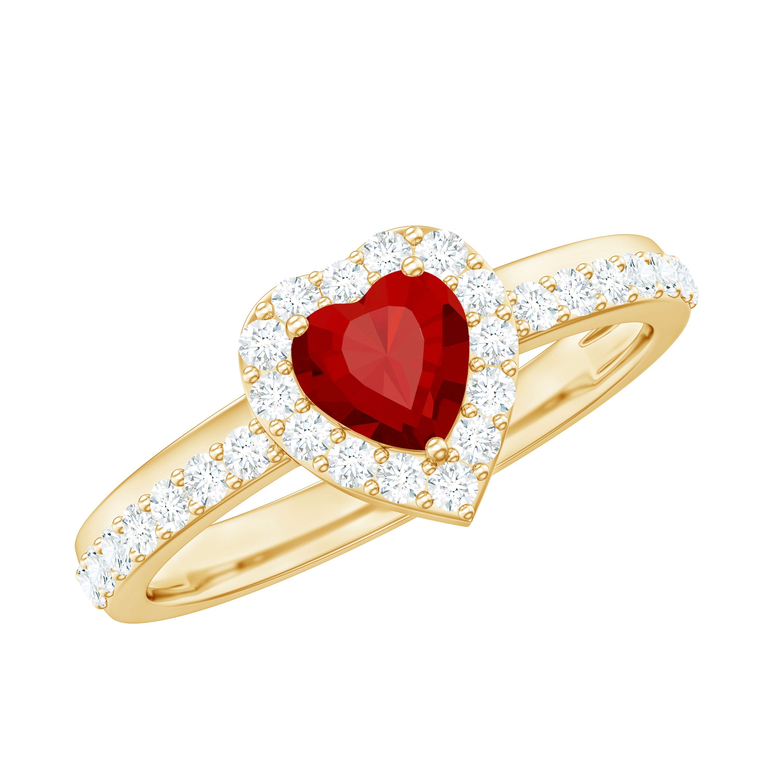 Ruby Heart Promise Ring – Lab Created Ruby With Diamond Halo & Prong Setting
