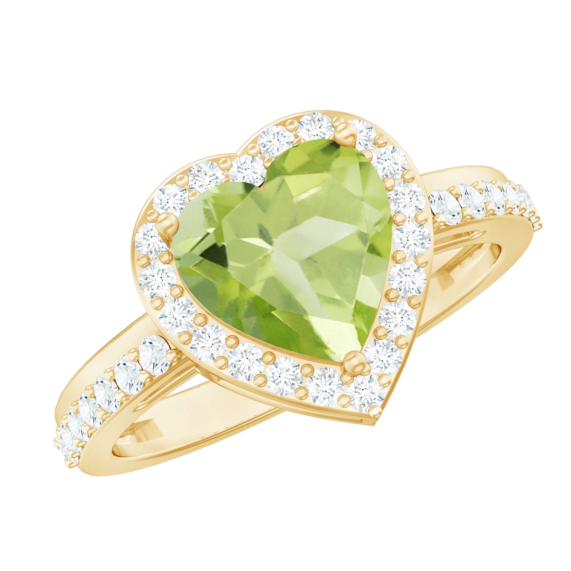 Peridot Engagement Ring – 2 Carat Heart Shaped Ring with Diamond Halo
