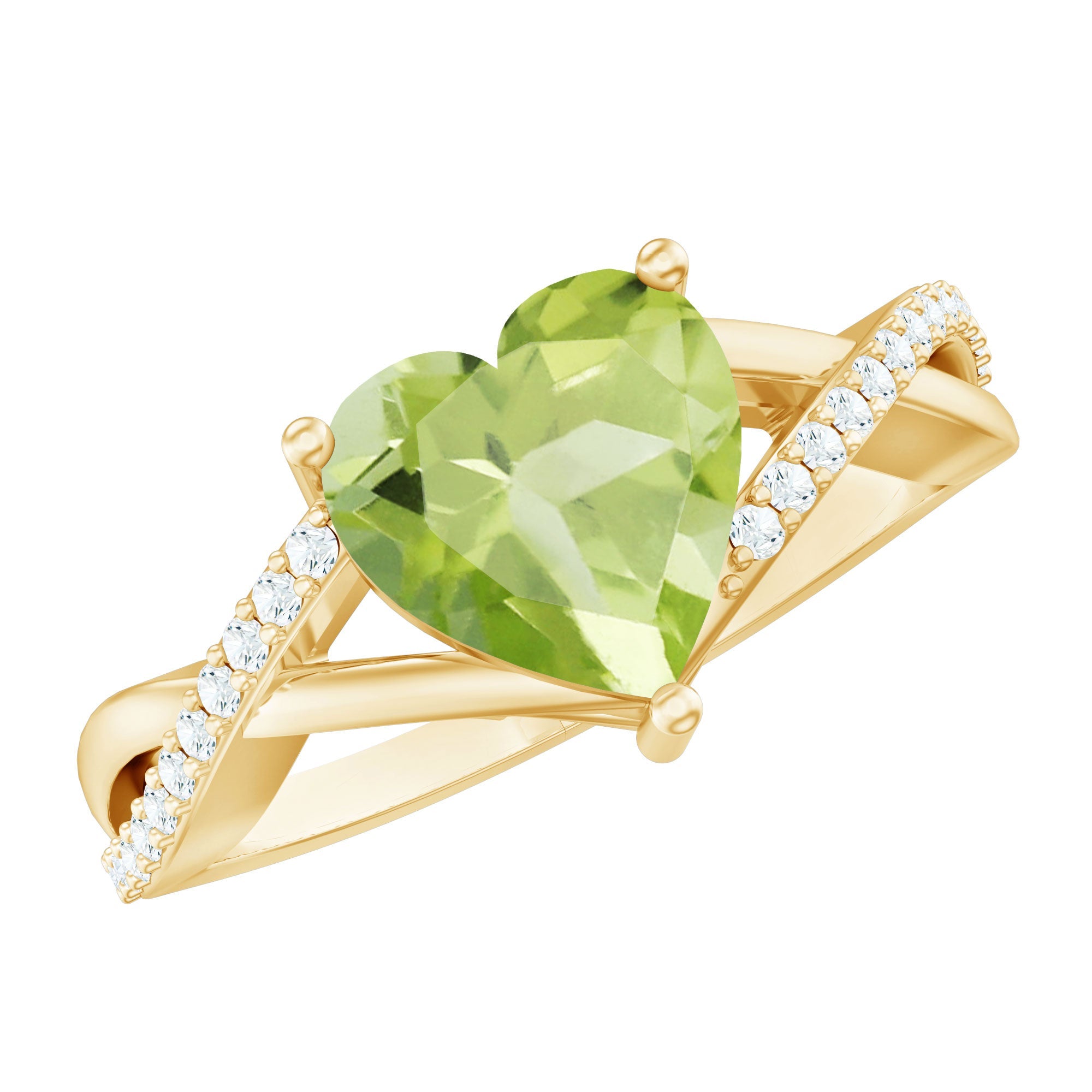 Peridot Heart Engagement Ring - 2 Carat Green Gemstone, Diamond Crossover Shank