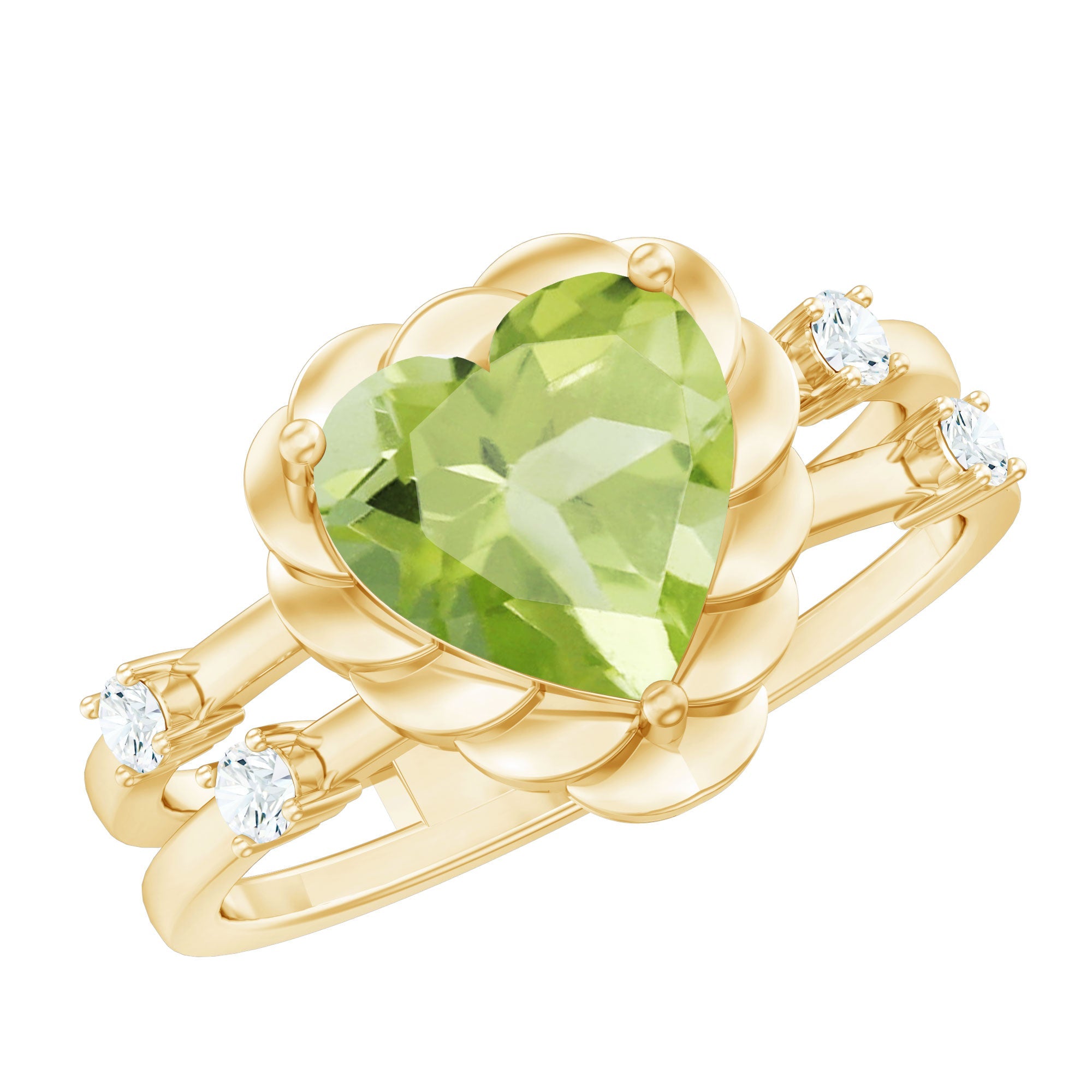 Peridot Solitaire Ring – Heart Shape Gold Band with Round Diamond Stones