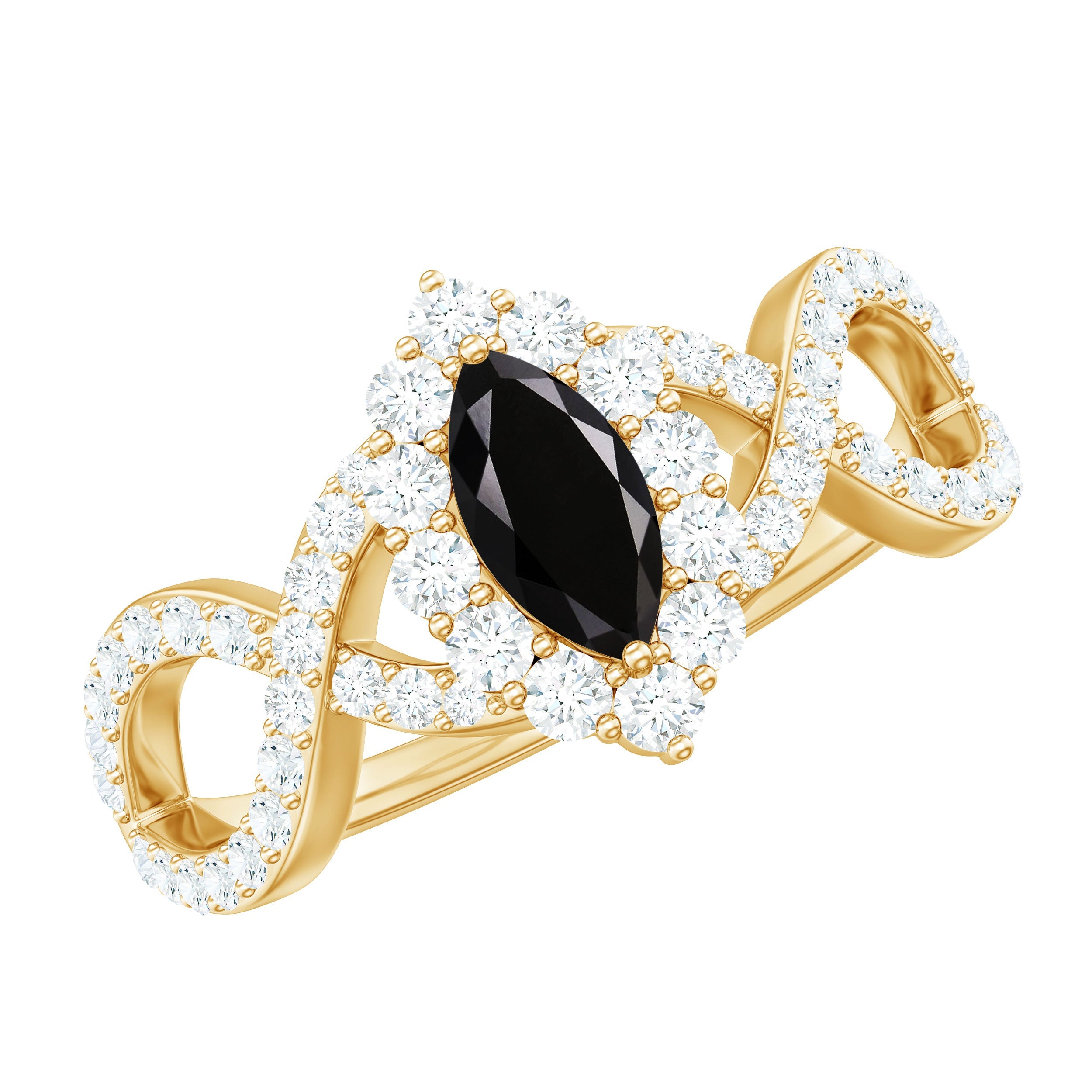 Natural Marquise Black Spinel Engagement Ring with Diamond Crossover Shank