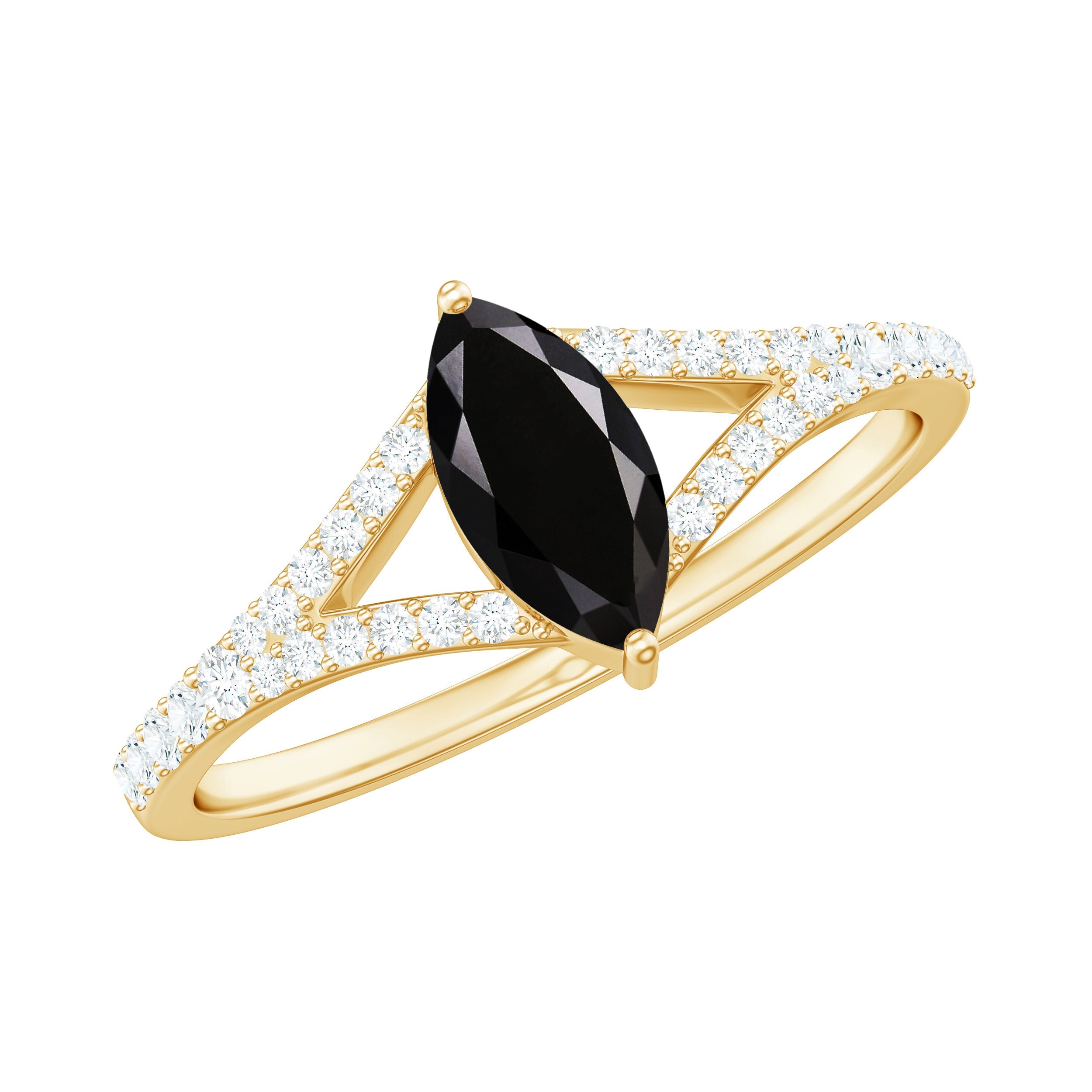 0.7 Carat Marquise Cut Black Onyx Engagement Ring with Diamond Split Shank