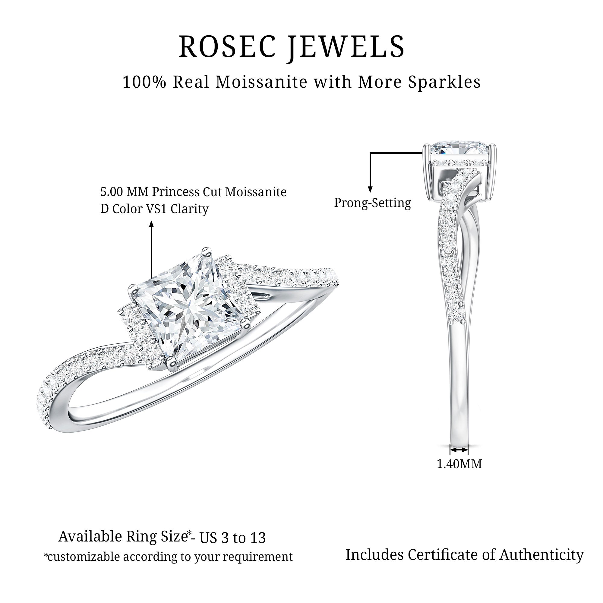 Princess Cut Moissanite Ring | Modern Bypass Engagement Ring for Women