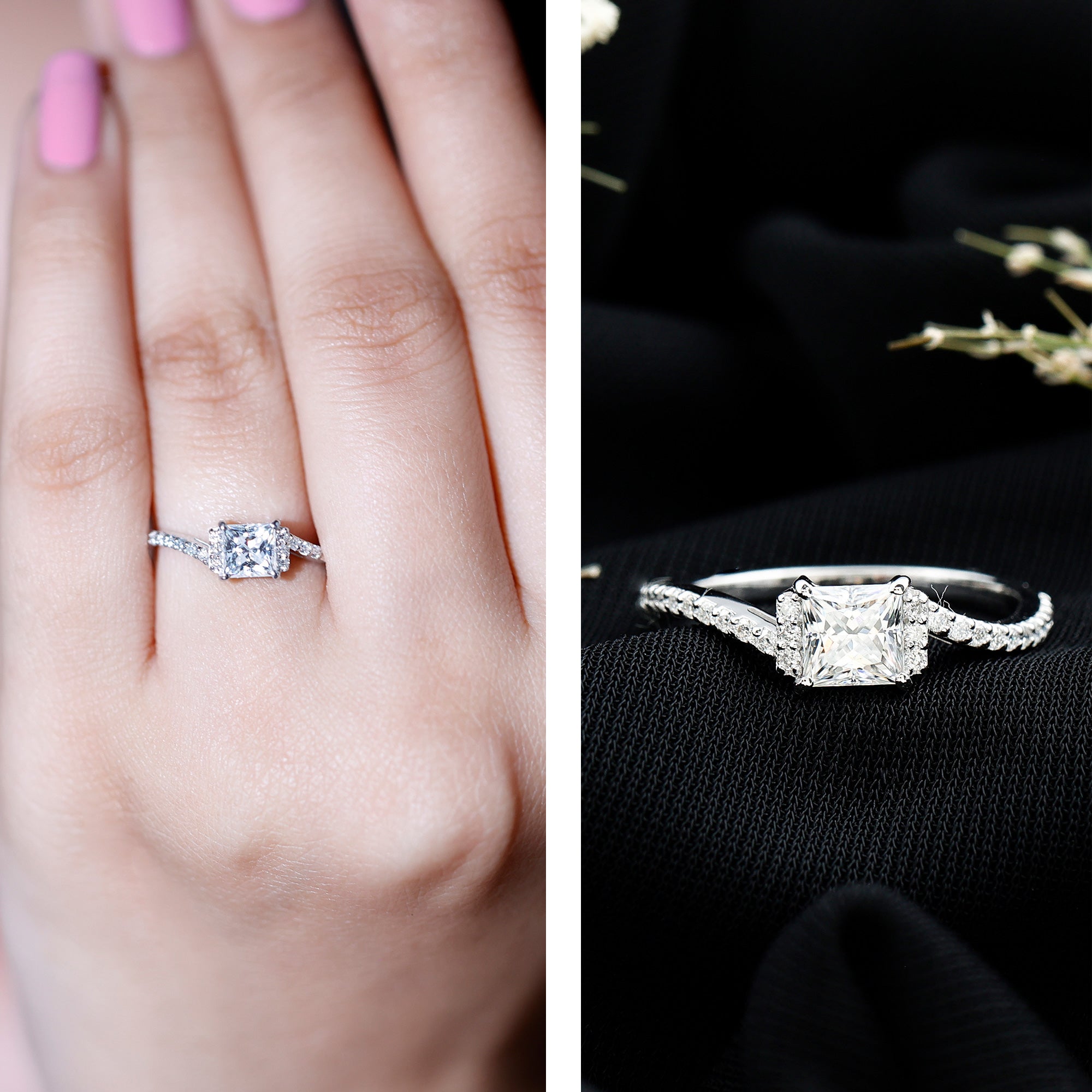 Princess Cut Moissanite Ring | Modern Bypass Engagement Ring for Women